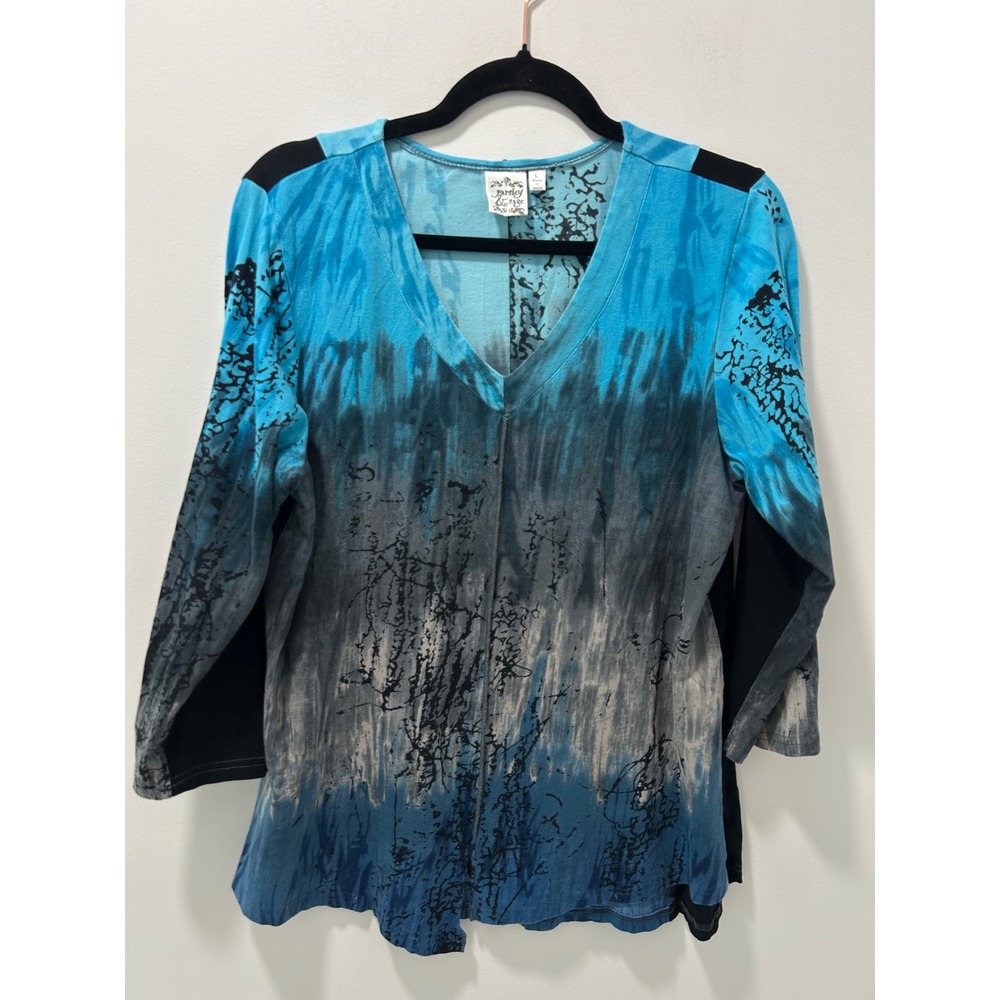 Parsley & Sage Blue Abstract Tie Dye 3/4 Sleeve V-Neck Top Womens Large